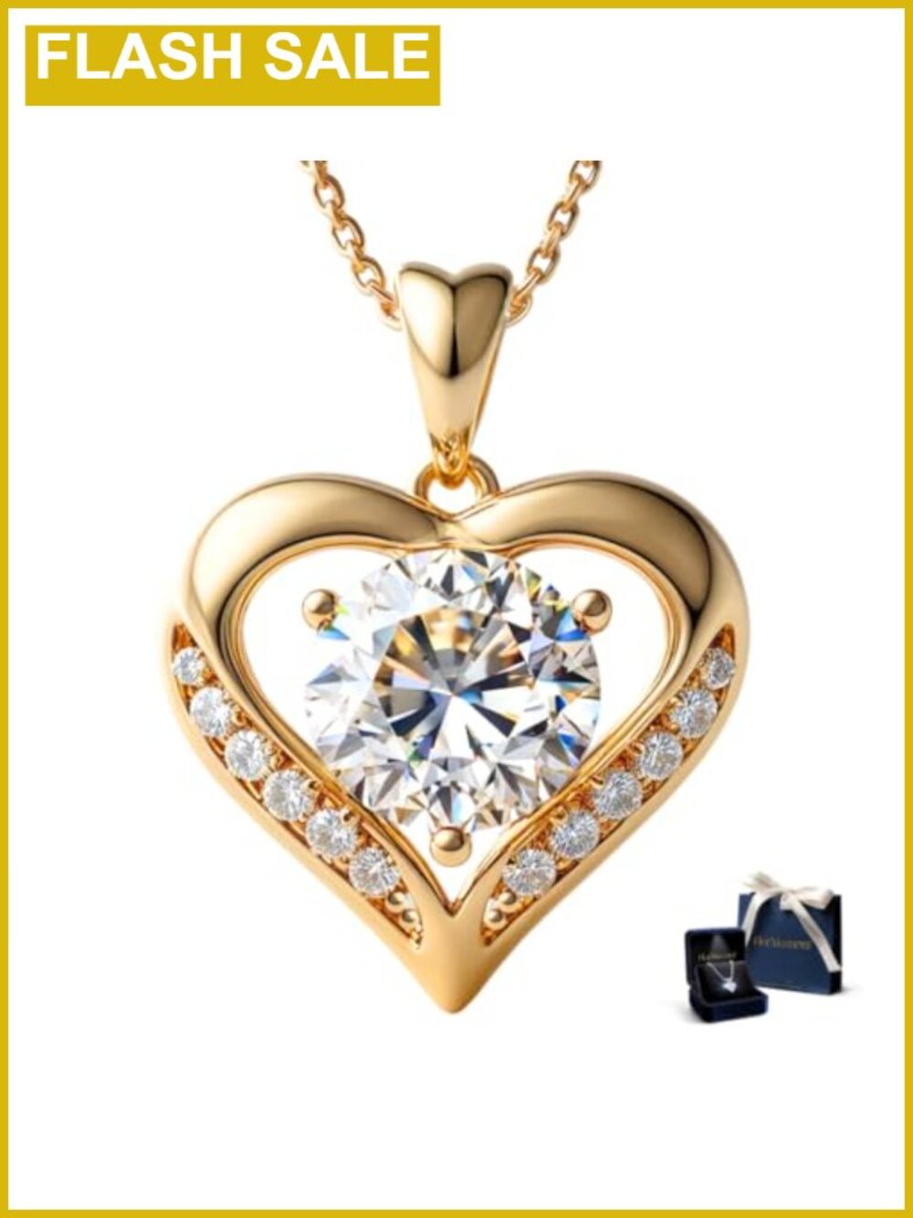 Moissanite Heart Pendant Necklace 14K Gold Plated Sterling Silver 3 Carat